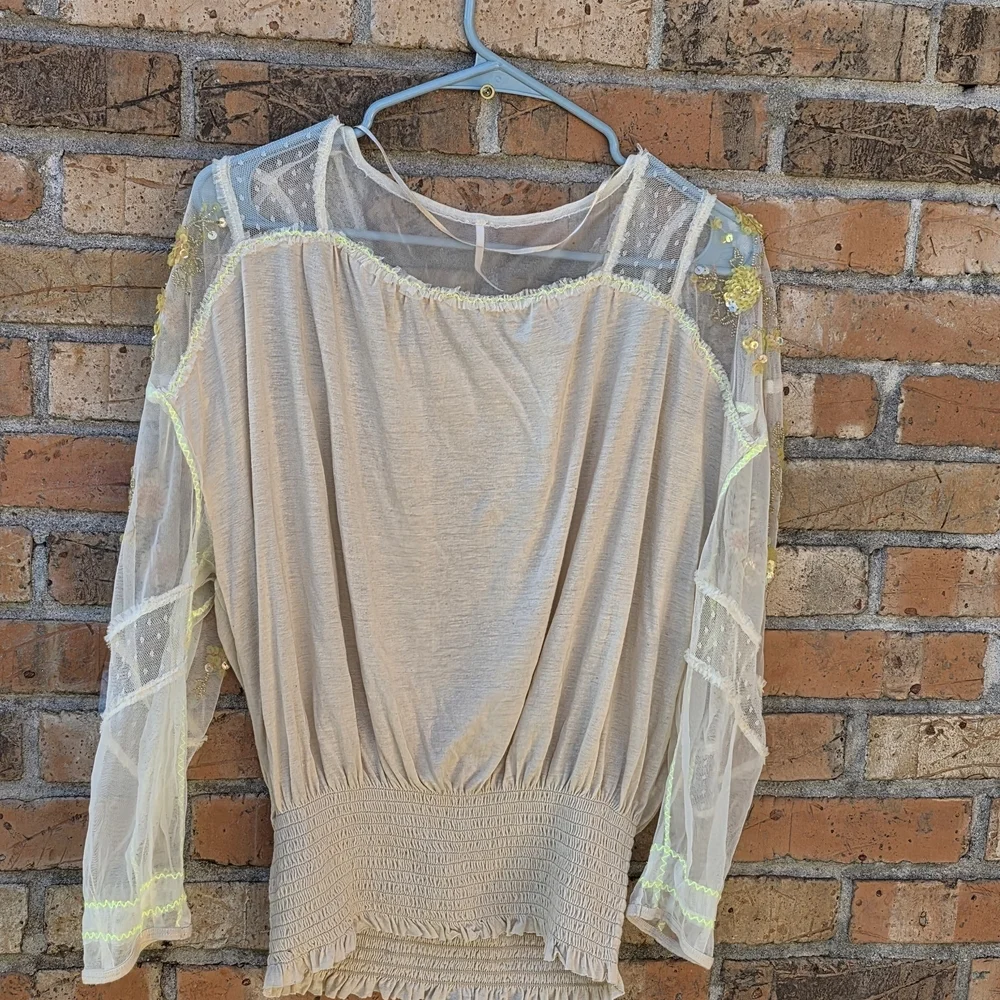 Free People Cream Blouse with Gold Embroidery